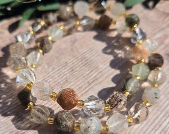 Pulsera elástica de cuarzo lodolita: cristal facetado de jardín, 19 cm (7,5 pulgadas)