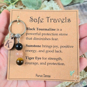 PERSONALISED safe travels crystal keyring. crystals for travel. good luck safe trip. holiday. backpacking travelling gift