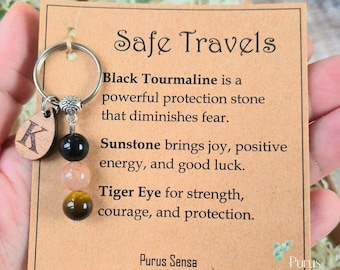 PERSONALISED safe travels crystal keyring. crystals for travel. good luck safe trip. holiday. backpacking travelling gift