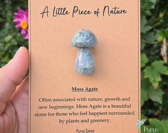 Plant lover gift. Moss agate crystal mushroom for the garden / plants