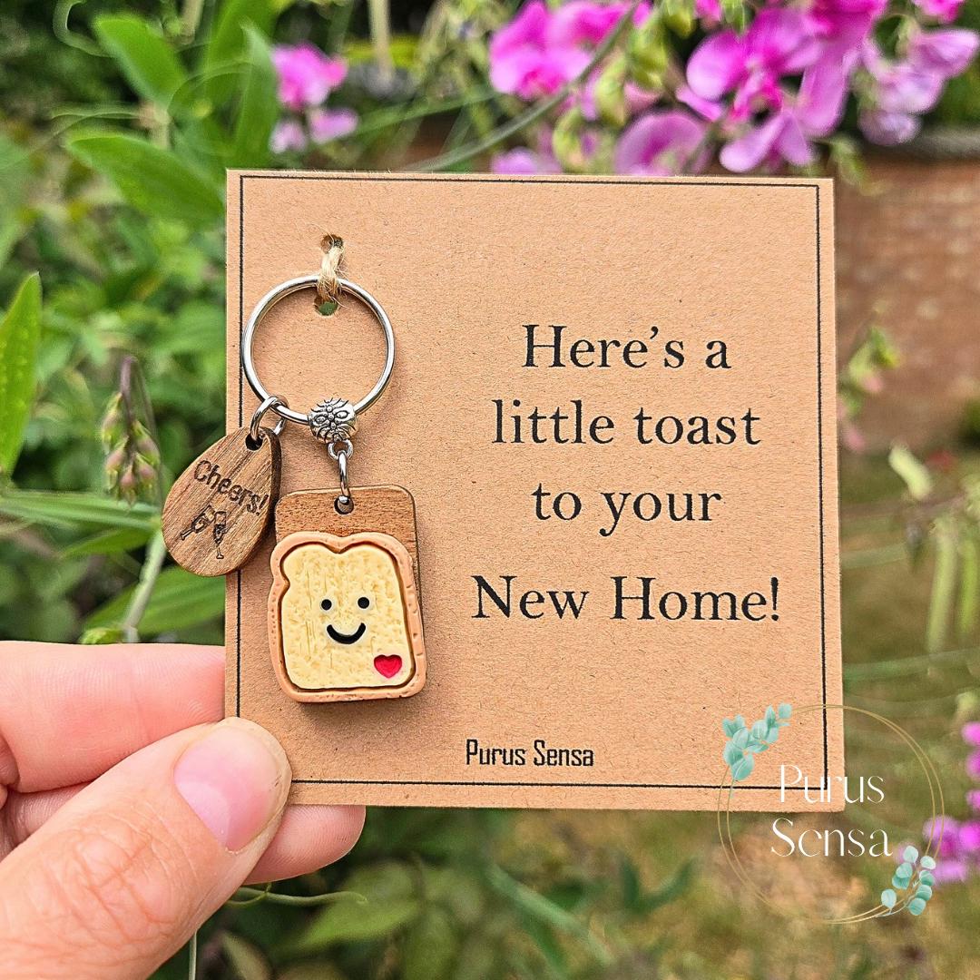 NEW HOME gift for new home. funny novelty little toast keyring for celebrations. Congratulations gift. Fresh start. House warming gift.