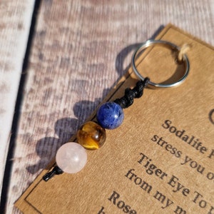May include: A keychain with three gemstone beads: a pink rose quartz, a golden tiger's eye, and a blue sodalite. The beads are strung on black cord and attached to a silver-colored ring. A small card with text is visible.