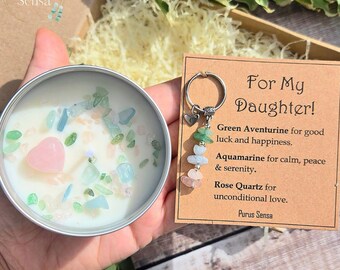 Family crystal Gift Set. Crystal Keyring & Soy Candle, Rose Quartz Keepsake for Mum, Nan, Daughter, Sister, Auntie and Friend