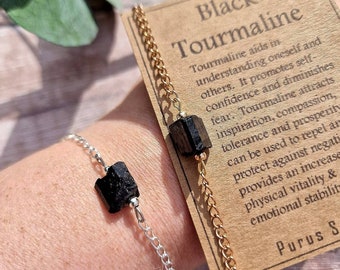 Raw Black Tourmaline Bracelet, Silver or Gold Plated Chain