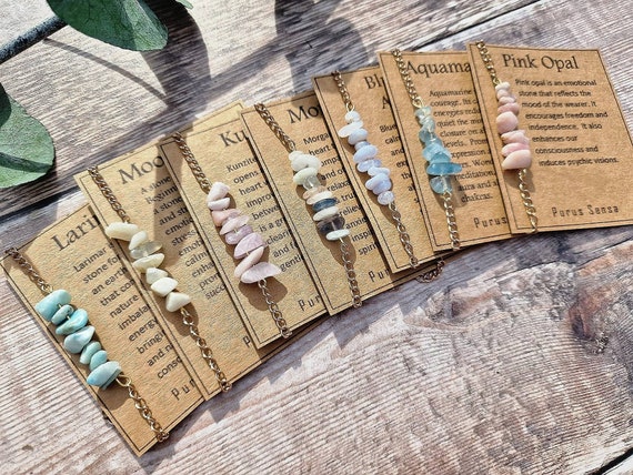 Crystal chain bracelet. Healing gemstone bracelet. Larimar, aquamarine, morganite, blue lace agate, pink opal, Moonstone, kunzite
