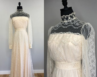 Vintage Victorian style blush long sleeve ILGWU wedding dress