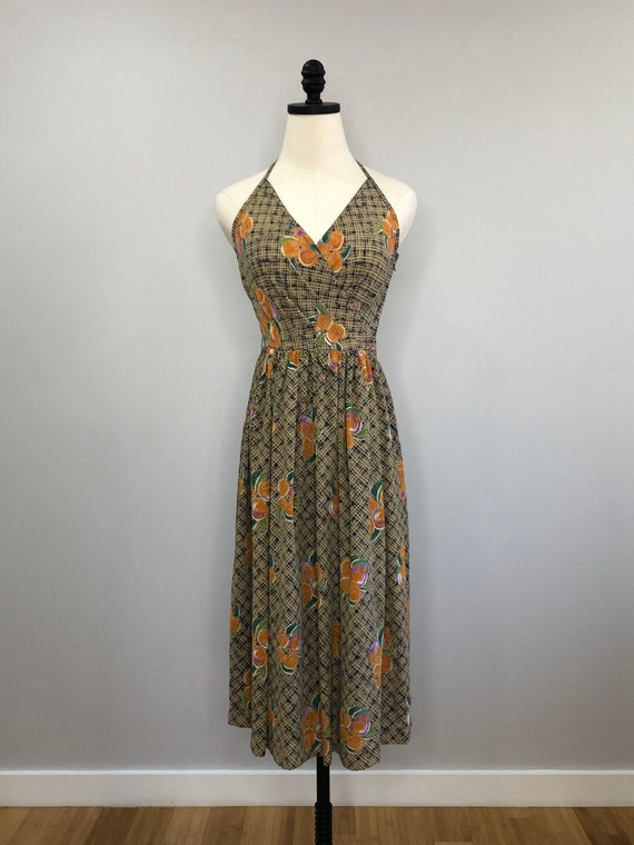 Vintage navy blue and citrus summer halter dress