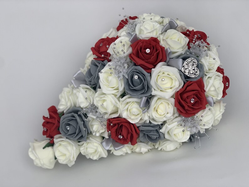 Artificial Wedding Bouquets Flowers Sets Ivory Red and Grey Etsy UK