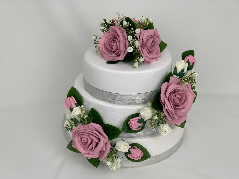 Wedding flowers cake topper roses 3 pieces tier bouquets Dusky pink