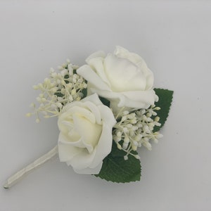 Artificial Wedding Bouquets Flowers Package with ivory blue and grey roses with greenery eucalyptus and gypsophila double buttonhole