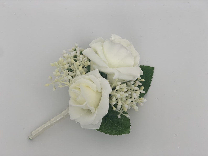 Artificial Wedding Bouquets Flowers Package with ivory blue and grey roses with greenery eucalyptus and gypsophila double buttonhole