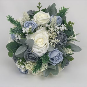 Artificial Wedding Bouquets Flowers Package with ivory blue and grey roses with greenery eucalyptus and gypsophila brides bouquet posy