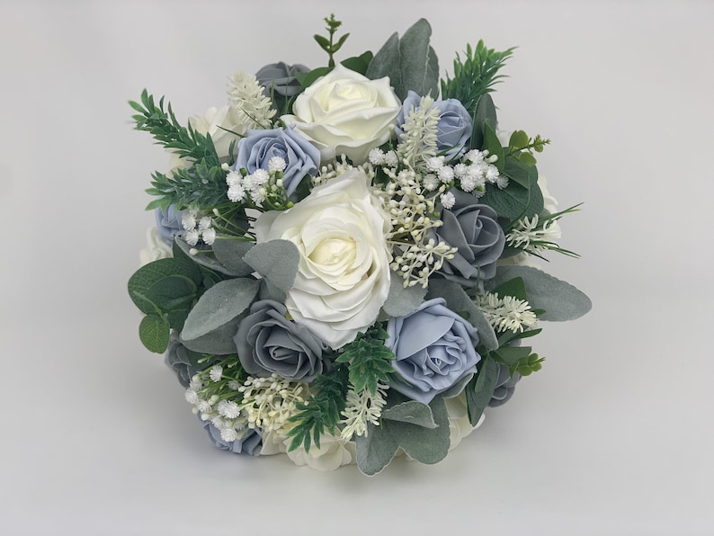 Artificial Wedding Bouquets Flowers Package with ivory blue and grey roses with greenery eucalyptus and gypsophila brides bouquet posy