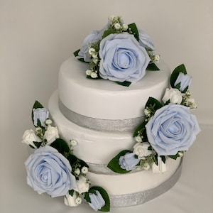 Wedding flowers cake topper roses 3 pieces tier bouquets baby blue