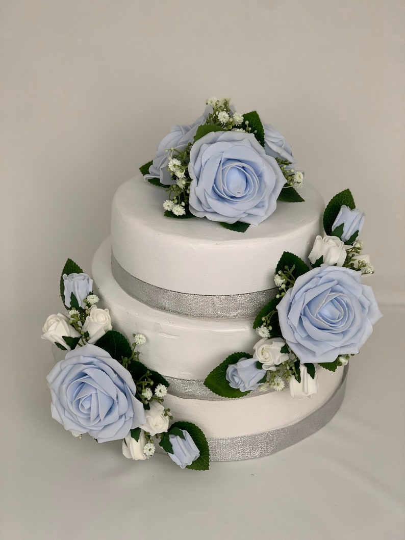 Wedding flowers cake topper roses 3 pieces tier bouquets baby blue