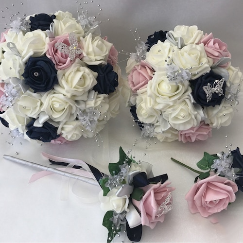 Artificial Wedding Bouquets Flowers Sets Ivory Blue & Grey Etsy