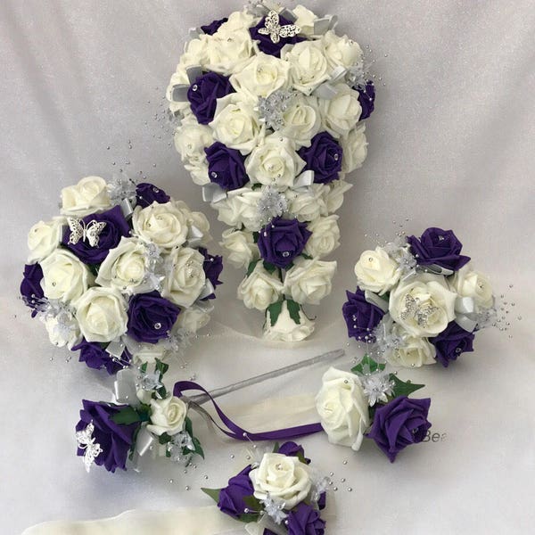 Artificial wedding bouquets flowers sets ivory purple