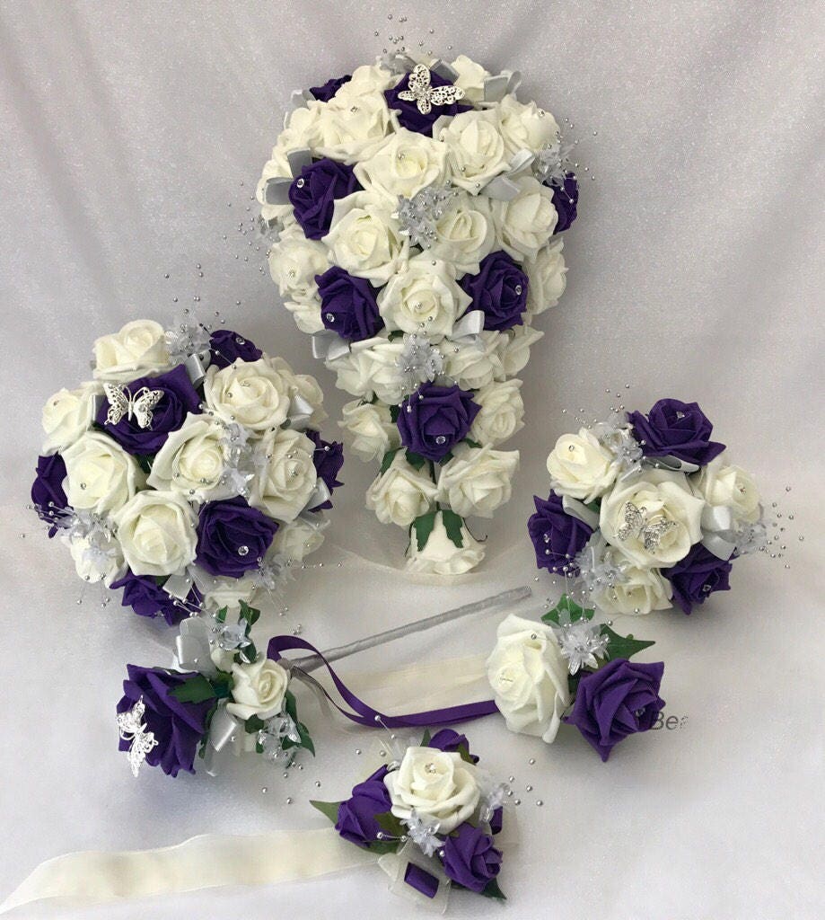 Artificial wedding bouquets flowers sets ivory purple