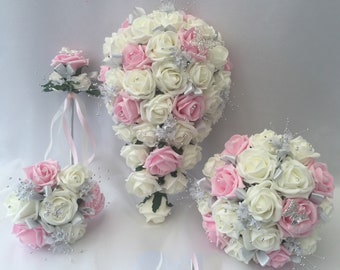 Artificial wedding bouquets flowers sets ivory pink