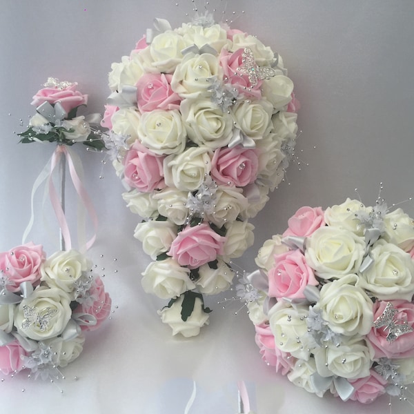 Bouquets de mariage artificiels ensembles de fleurs rose ivoire