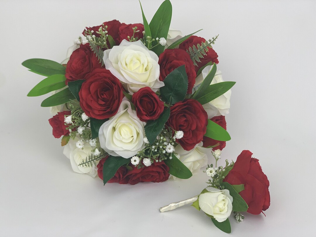 Wedding Bouquets Silk Flowers Sets With Gypsophila & Red and Ivory