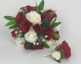 wedding bouquets silk flowers sets with Gypsophila & red and ivory roses