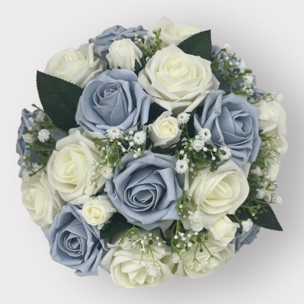 Wedding Flowers With Dusky Blue Bouquets With Gypsophila & Roses - Etsy UK