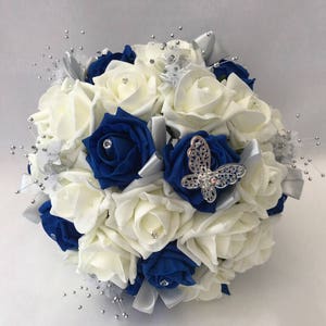 Artificial wedding bouquets flowers sets ivory royal blue brides bouquet posy