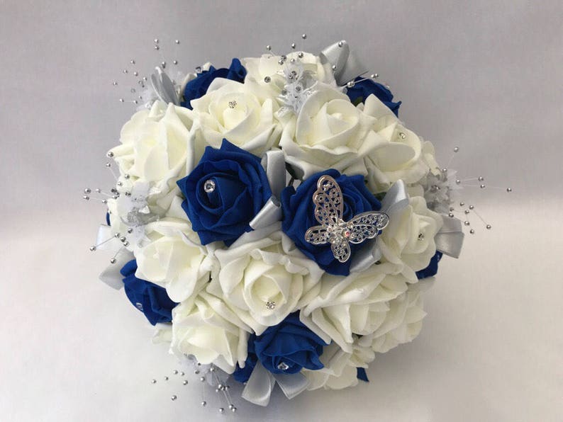 Artificial wedding bouquets flowers sets ivory royal blue brides bouquet posy