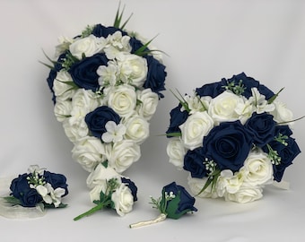 Artificial wedding bouquets flowers sets ivory navy blue roses hydrangea