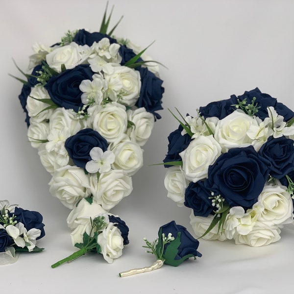 Artificial wedding bouquets flowers sets ivory navy blue roses hydrangea