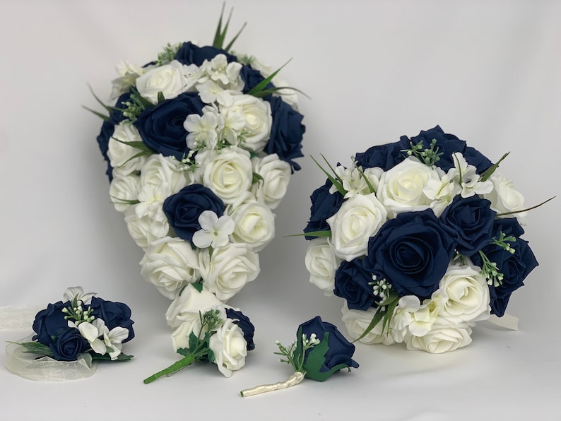 Artificial Wedding Bouquets Flowers Sets Ivory Navy Blue Roses Etsy