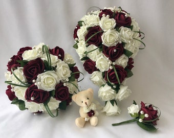 Ensembles de fleurs artificielles pour bouquets de mariage ivoire bordeaux