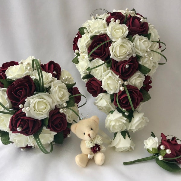 Ensembles de fleurs artificielles pour bouquets de mariage ivoire bordeaux