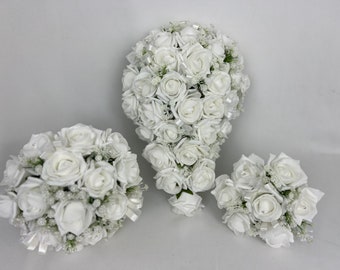 Artificial wedding bouquets flowers sets white gypsophila roses