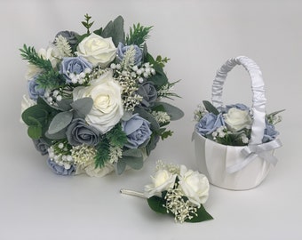 Artificial Wedding Bouquets Flowers Package with ivory  blue and  grey roses  with greenery eucalyptus and gypsophila