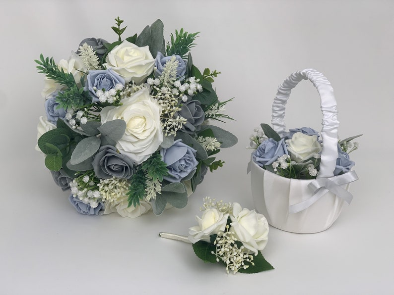 Artificial Wedding Bouquets Flowers Package with ivory blue and grey roses with greenery eucalyptus and gypsophila image 1