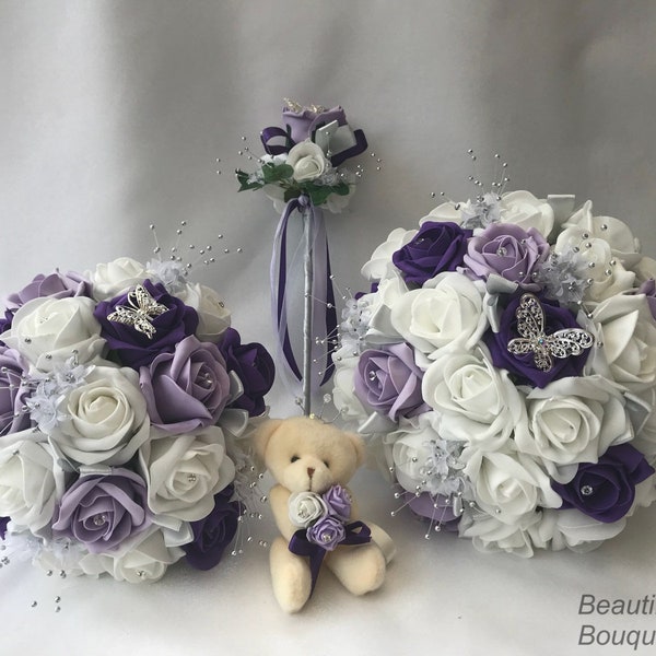 Artificial wedding bouquets flowers sets ivory lilac and purple