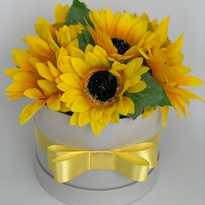 Artificial Sunflowers Flower hat Boxes Personalised Flowers in a box with bow and roses gift , birthdays