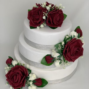 Wedding flowers cake topper roses 3 pieces tier bouquets burgundy