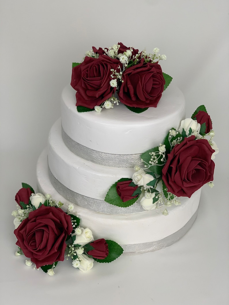 Wedding flowers cake topper roses 3 pieces tier bouquets burgundy