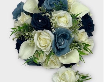 Wedding bouquets flowers mixed blues  dusky blue & navy with ivory with gypsophila