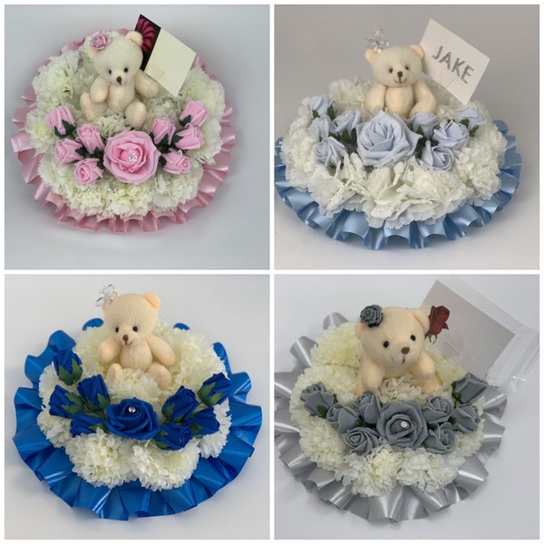 funeral Tribute Memorial wreath teddy bear  grave Artificial Flower round with roses blue or pink