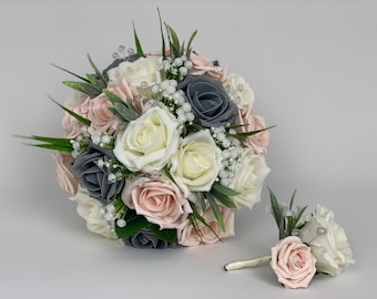 Artificial wedding bouquets flowers sets ivory grey & blush pink