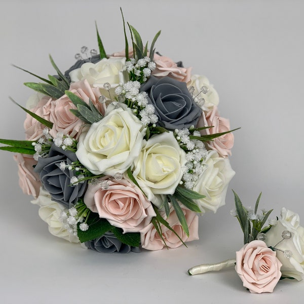 Artificial wedding bouquets flowers sets ivory grey & blush pink