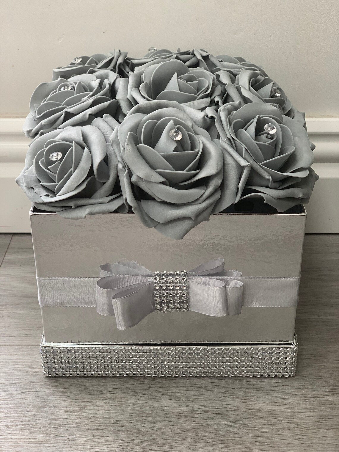 Artificial Flower Hat Boxes Grey With Diamanté Wedding Gifts Etsy