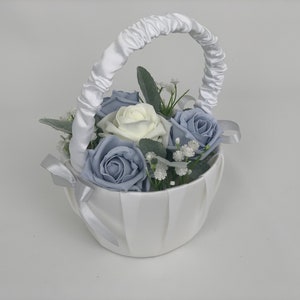 Artificial Wedding Bouquets Flowers Package with ivory blue and grey roses with greenery eucalyptus and gypsophila flower girl basket