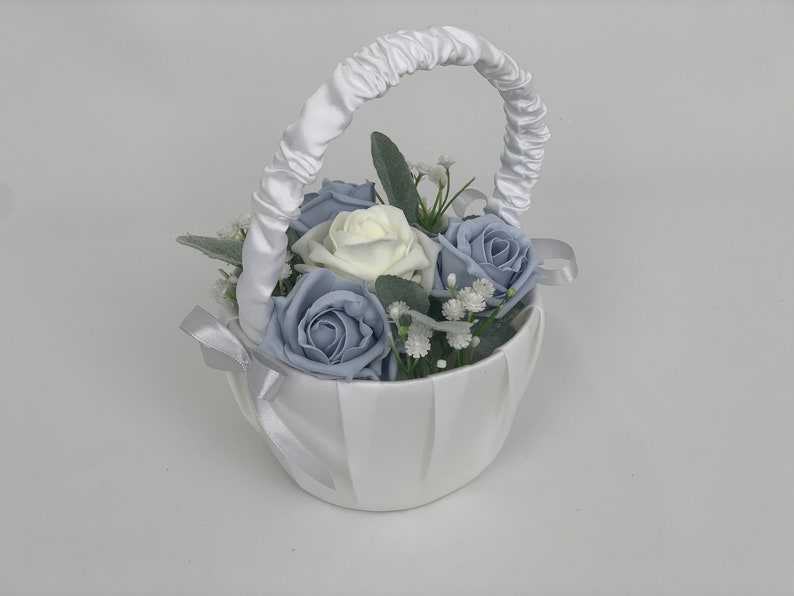Artificial Wedding Bouquets Flowers Package with ivory blue and grey roses with greenery eucalyptus and gypsophila flower girl basket