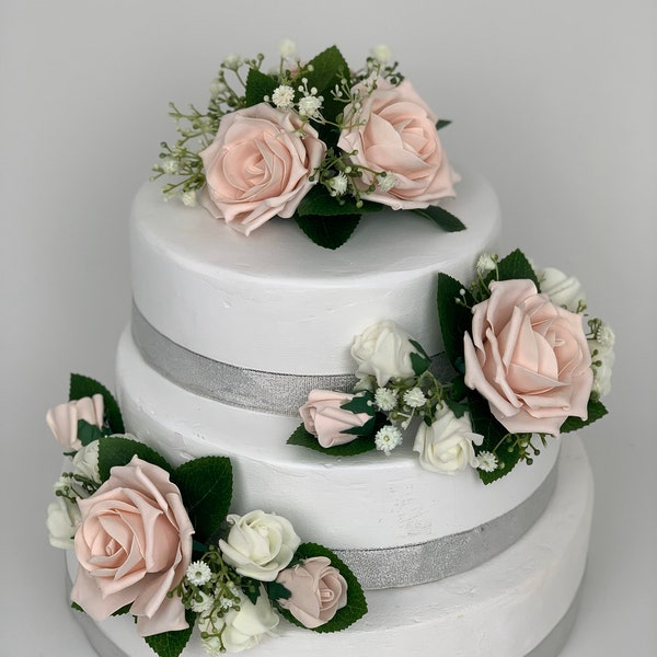 Flores de boda pastel topper rosas 3 piezas ramos de niveles