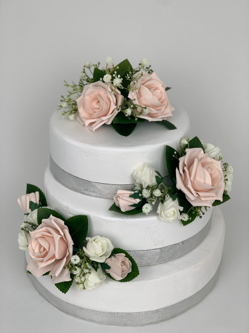 Wedding flowers cake topper roses 3 pieces tier bouquets blush